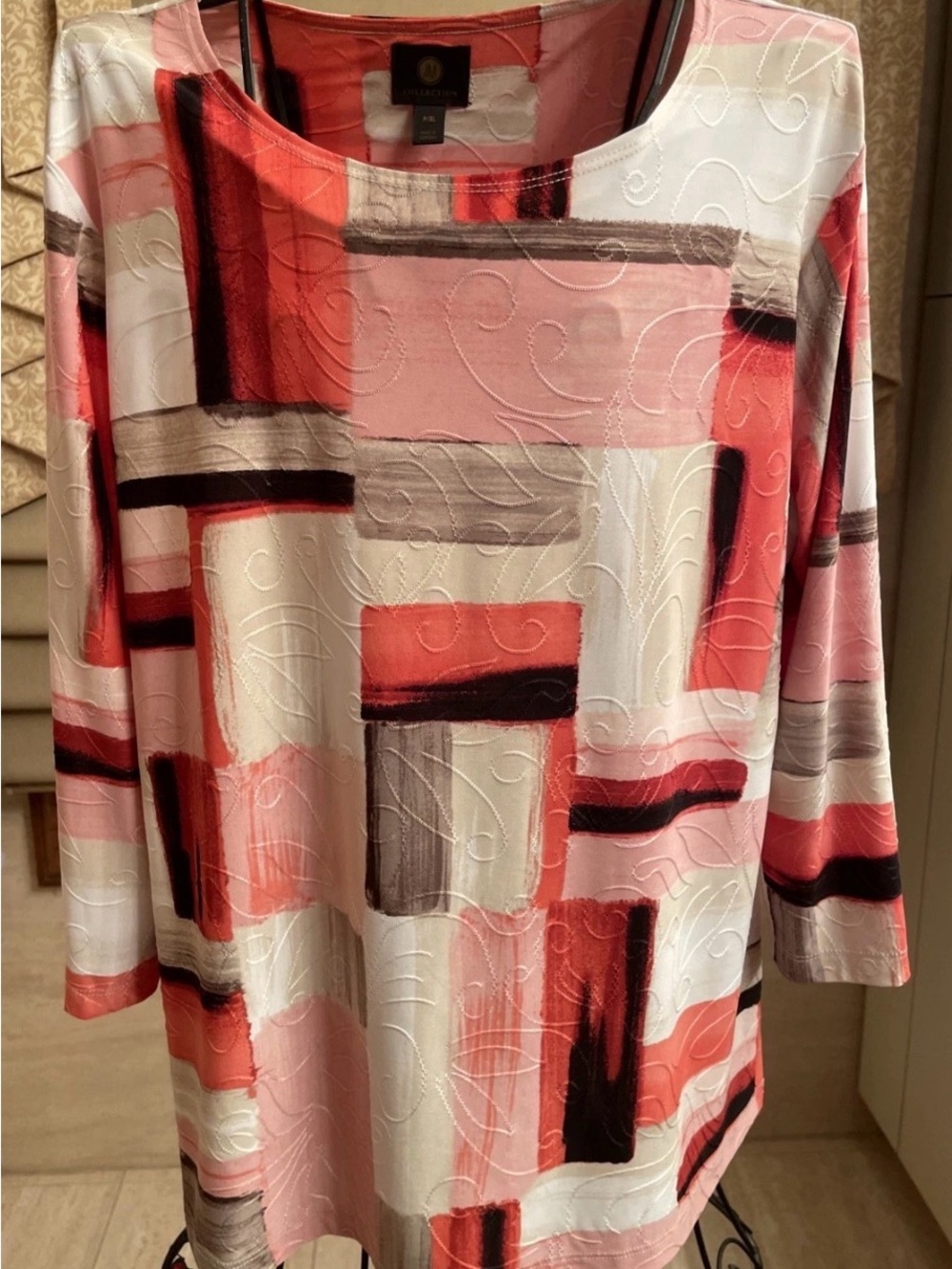 JM Collection Coral/Ivory/Brown Abstract Print 3/4 Sleeve Stretch Top Size PXL